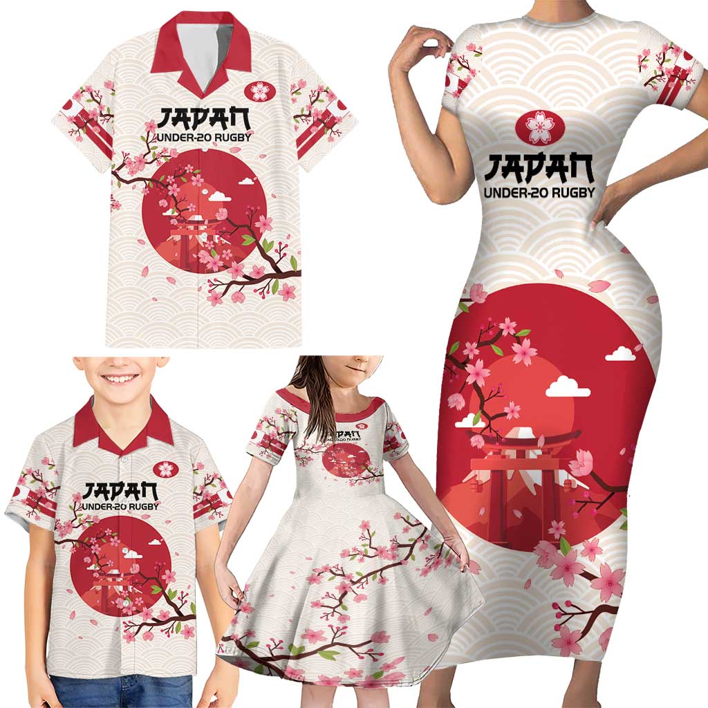 Custom Japan Rugby Family Matching Short Sleeve Bodycon Dress and Hawaiian Shirt 2024 Go Champions Cherry Blossoms - Wonder Print Shop