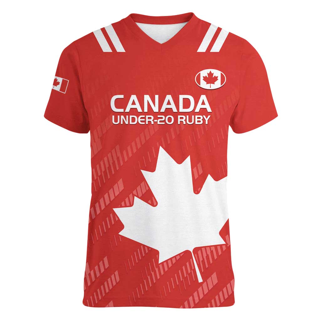 Custom Canada Rugby Women V-Neck T-Shirt 2024 Go Champions Maple Leaf - Wonder Print Shop