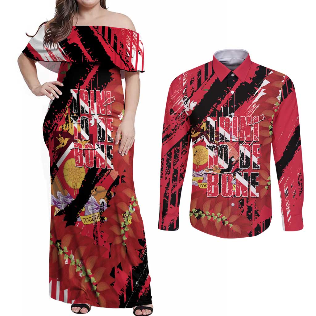 Trini To De Bone Couples Matching Off Shoulder Maxi Dress and Long Sleeve Button Shirt Proud To Be Trinidad and Tobago - Wonder Print Shop