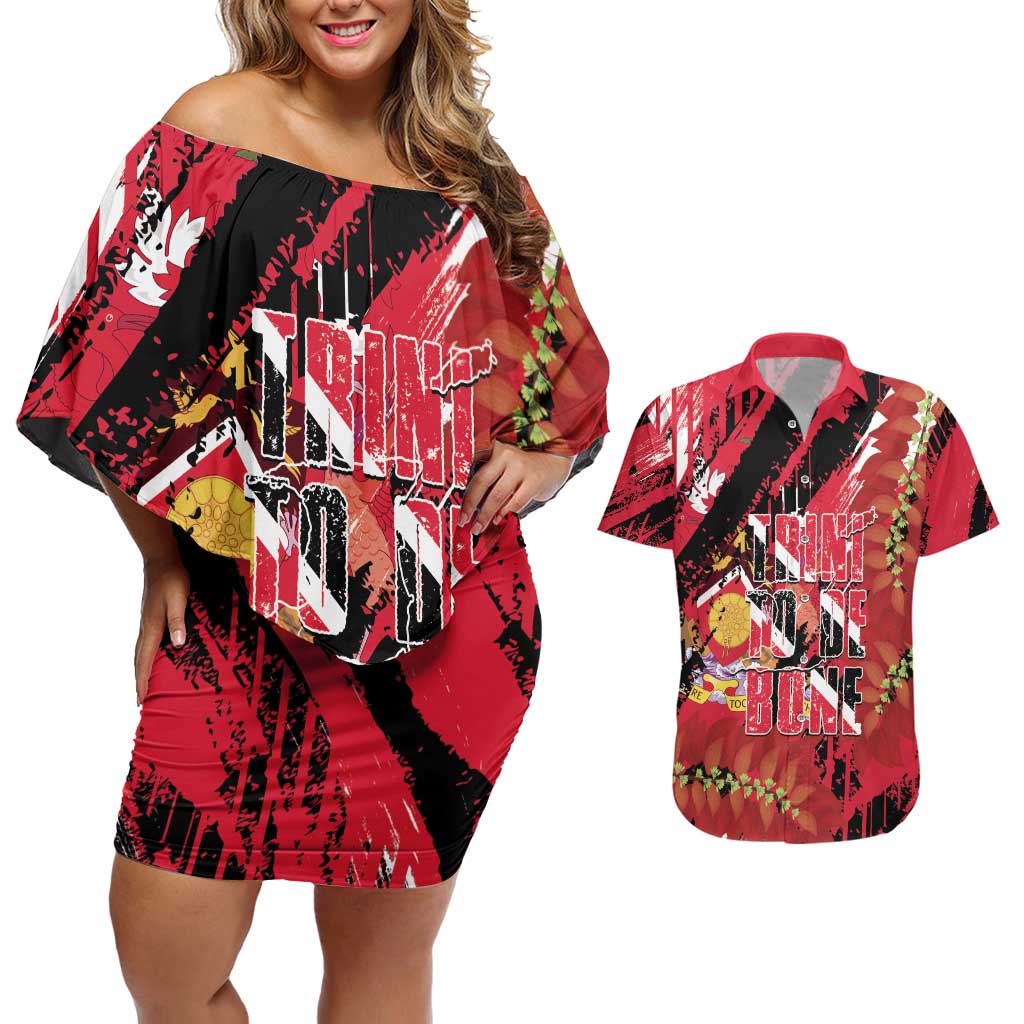 Trini To De Bone Couples Matching Off Shoulder Short Dress and Hawaiian Shirt Proud To Be Trinidad and Tobago - Wonder Print Shop