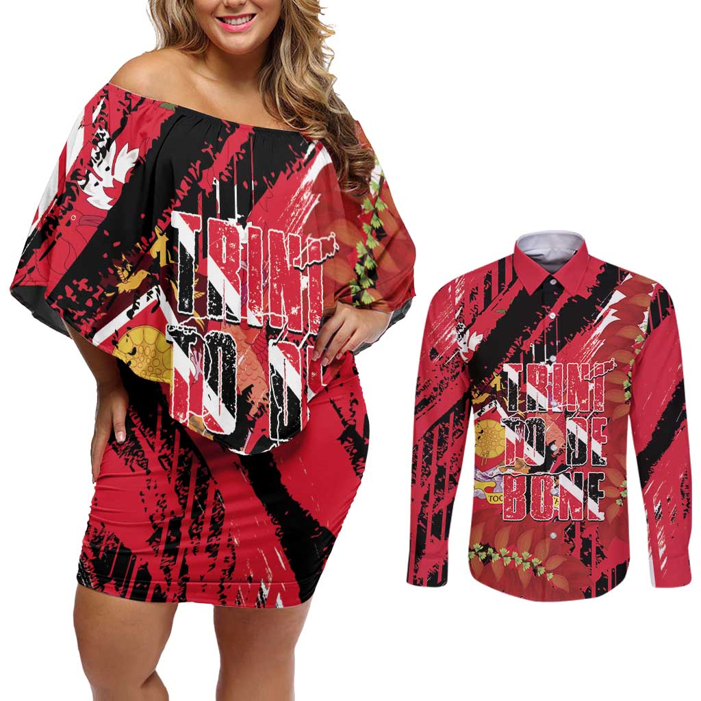 Trini To De Bone Couples Matching Off Shoulder Short Dress and Long Sleeve Button Shirt Proud To Be Trinidad and Tobago - Wonder Print Shop