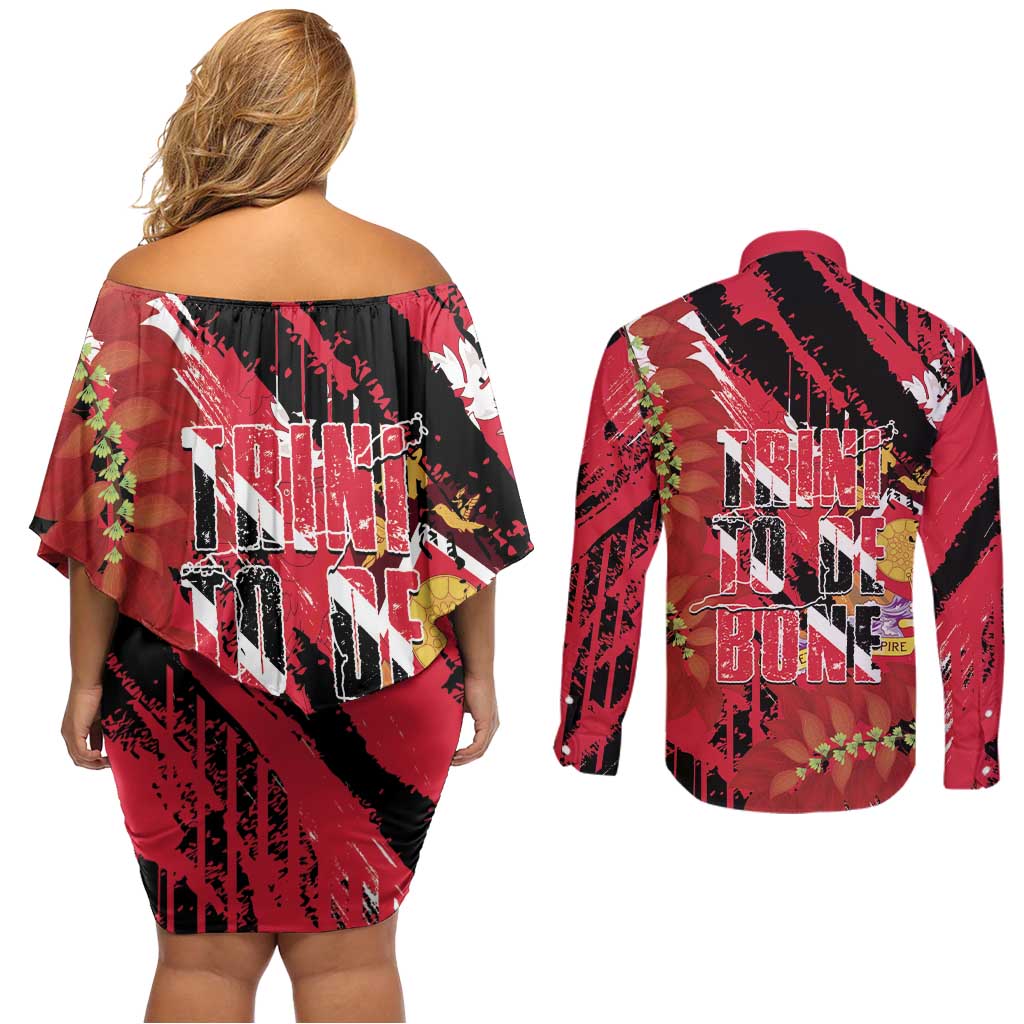 Trini To De Bone Couples Matching Off Shoulder Short Dress and Long Sleeve Button Shirt Proud To Be Trinidad and Tobago - Wonder Print Shop