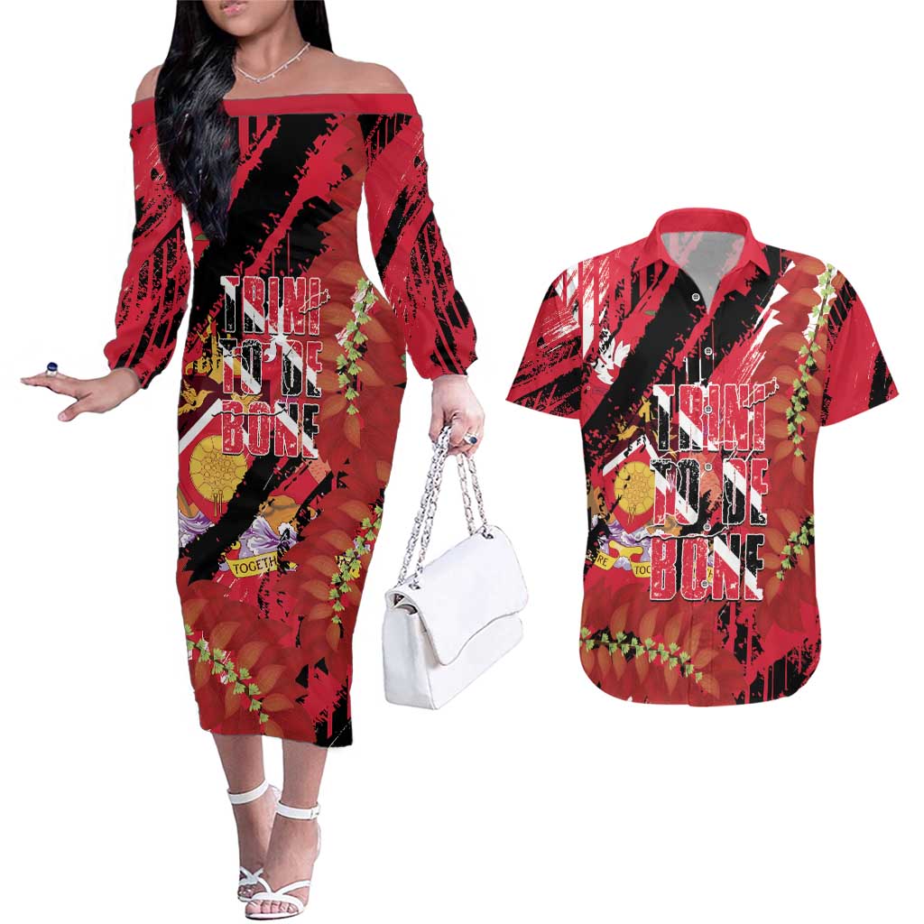 Trini To De Bone Couples Matching Off The Shoulder Long Sleeve Dress and Hawaiian Shirt Proud To Be Trinidad and Tobago - Wonder Print Shop