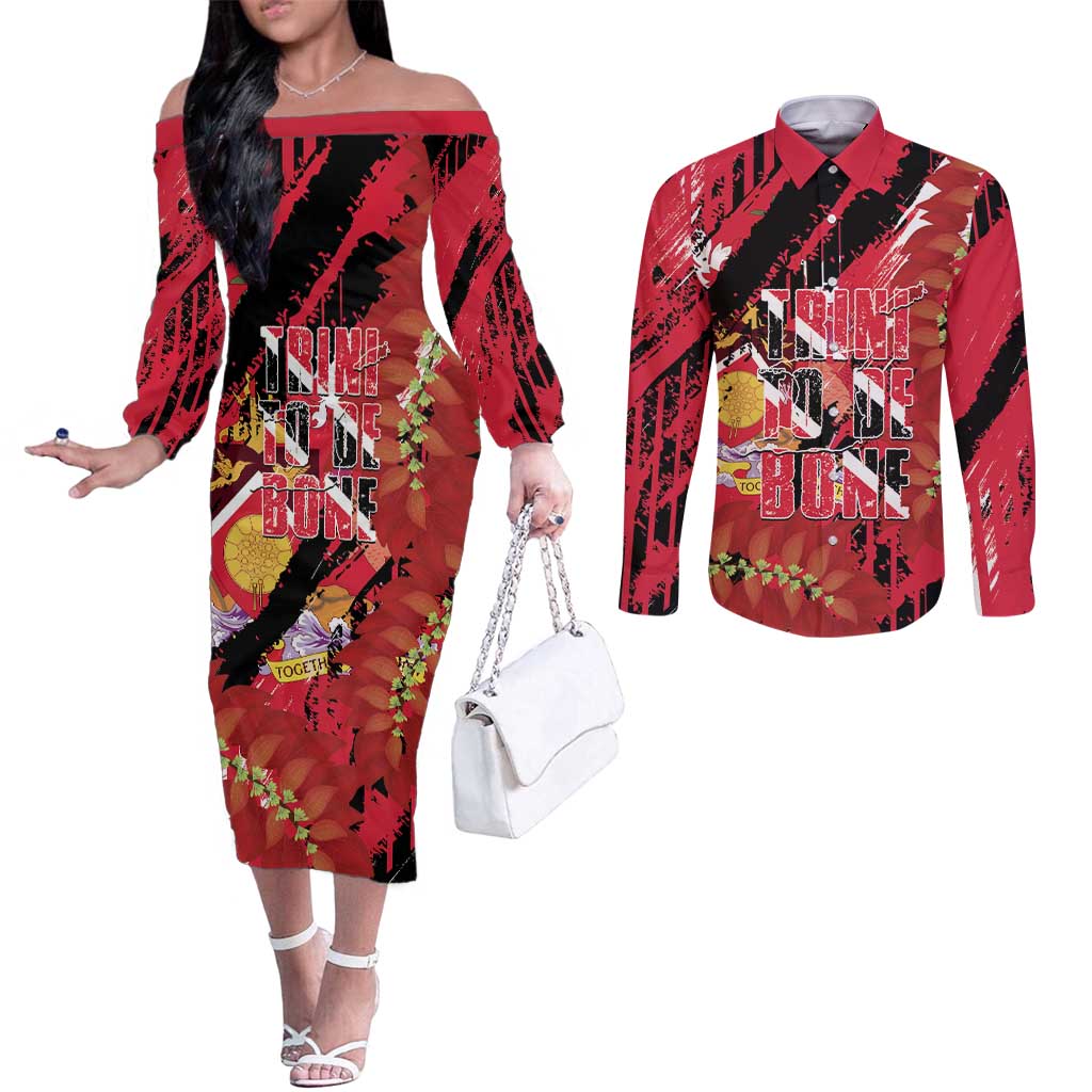 Trini To De Bone Couples Matching Off The Shoulder Long Sleeve Dress and Long Sleeve Button Shirt Proud To Be Trinidad and Tobago - Wonder Print Shop
