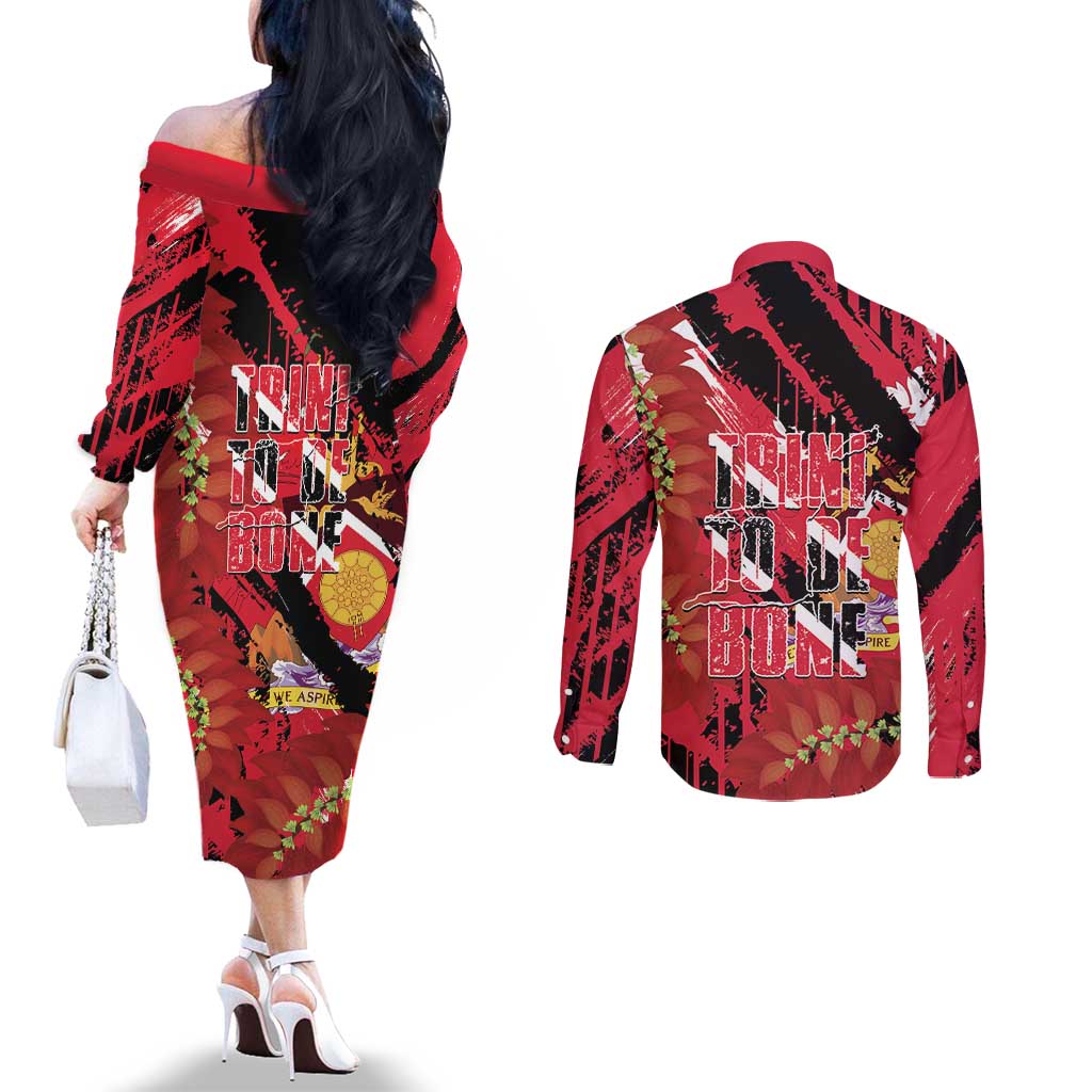 Trini To De Bone Couples Matching Off The Shoulder Long Sleeve Dress and Long Sleeve Button Shirt Proud To Be Trinidad and Tobago - Wonder Print Shop
