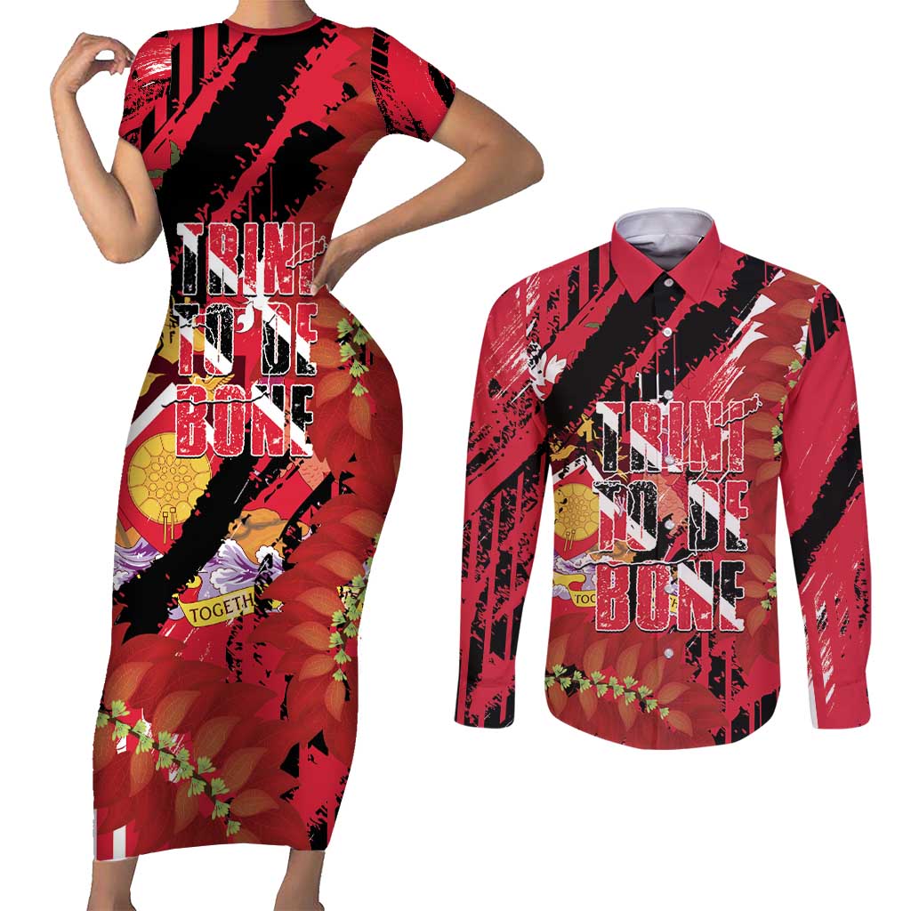 Trini To De Bone Couples Matching Short Sleeve Bodycon Dress and Long Sleeve Button Shirt Proud To Be Trinidad and Tobago - Wonder Print Shop