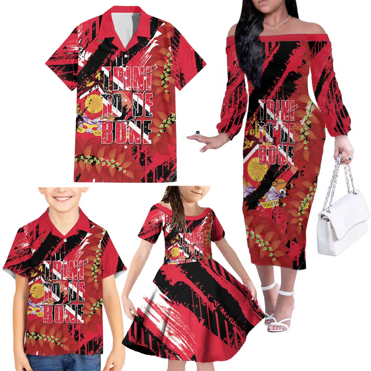 Trini To De Bone Family Matching Off The Shoulder Long Sleeve Dress and Hawaiian Shirt Proud To Be Trinidad and Tobago - Wonder Print Shop