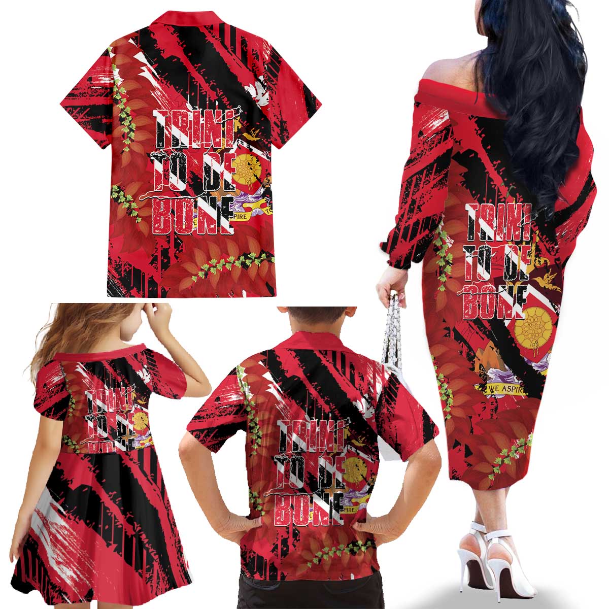 Trini To De Bone Family Matching Off The Shoulder Long Sleeve Dress and Hawaiian Shirt Proud To Be Trinidad and Tobago - Wonder Print Shop