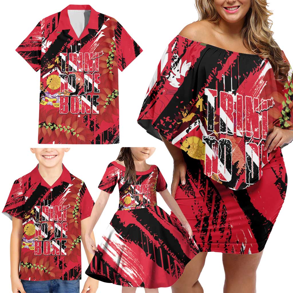 Trini To De Bone Family Matching Off Shoulder Short Dress and Hawaiian Shirt Proud To Be Trinidad and Tobago - Wonder Print Shop