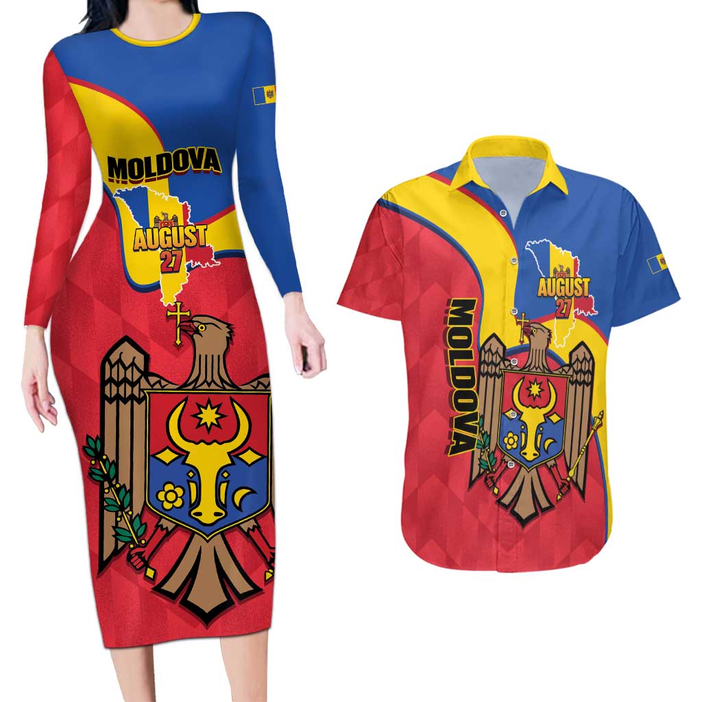 Moldova Independence Day Couples Matching Long Sleeve Bodycon Dress and Hawaiian Shirt August 27 One People One Nation - Wonder Print Shop