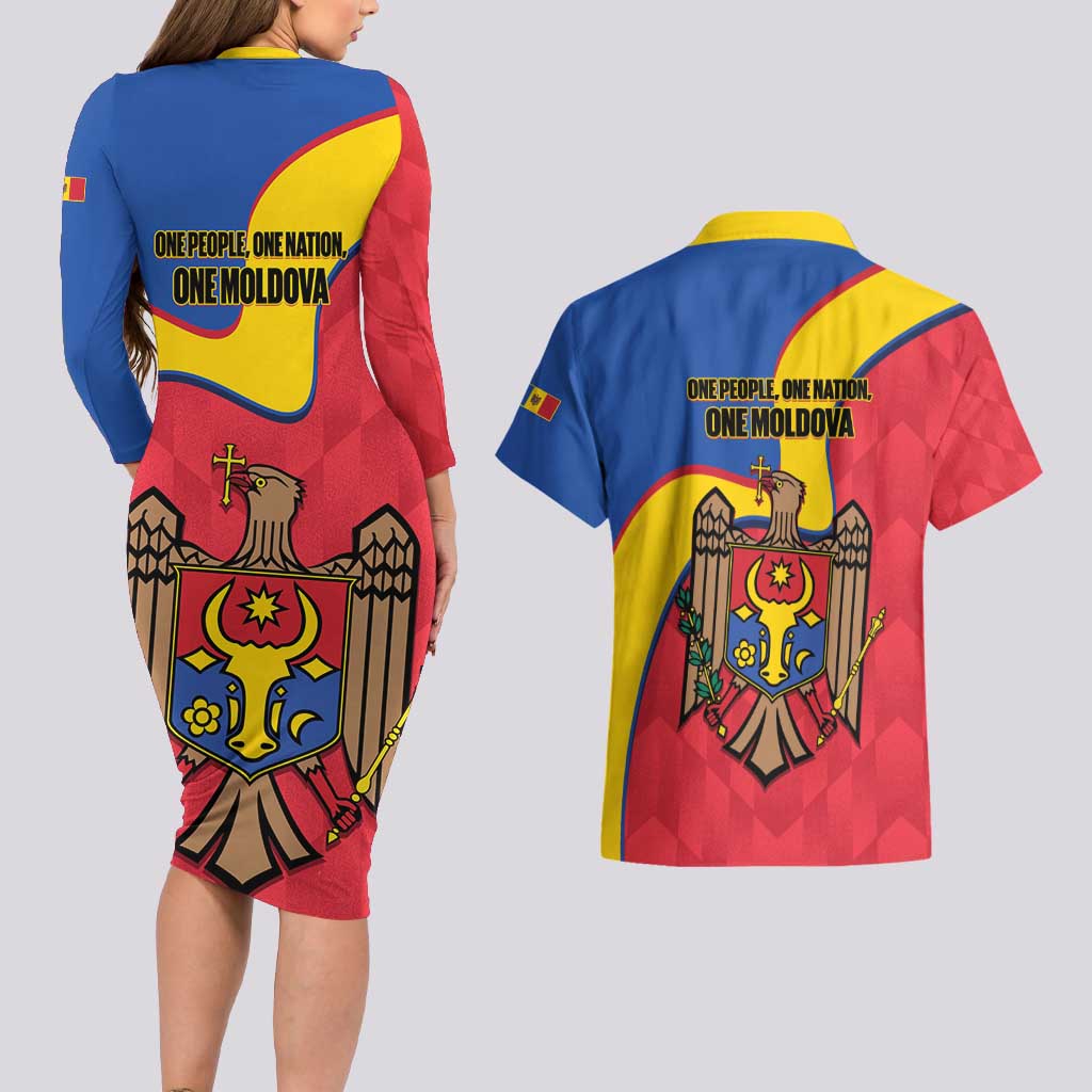 Moldova Independence Day Couples Matching Long Sleeve Bodycon Dress and Hawaiian Shirt August 27 One People One Nation - Wonder Print Shop