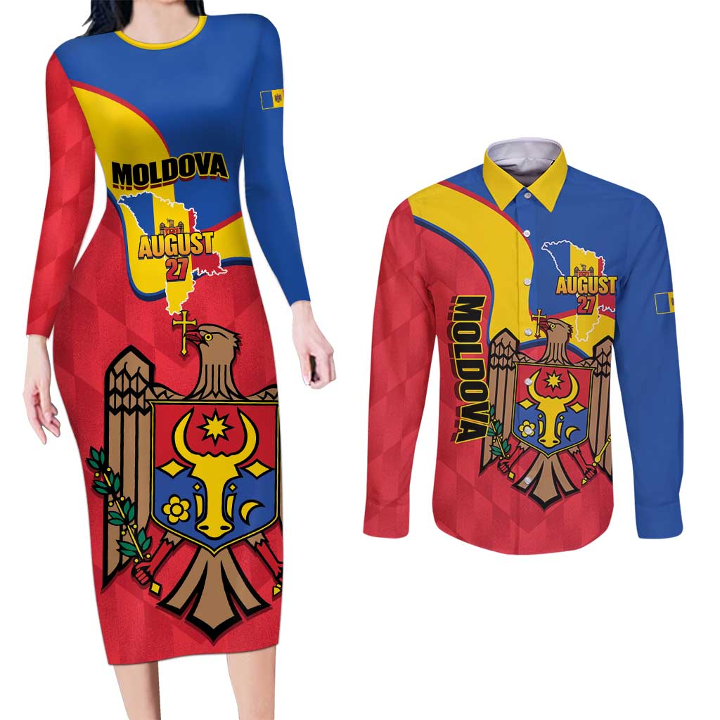 Moldova Independence Day Couples Matching Long Sleeve Bodycon Dress and Long Sleeve Button Shirt August 27 One People One Nation - Wonder Print Shop