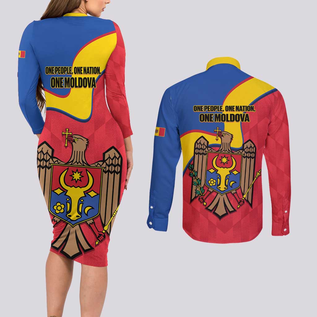 Moldova Independence Day Couples Matching Long Sleeve Bodycon Dress and Long Sleeve Button Shirt August 27 One People One Nation - Wonder Print Shop