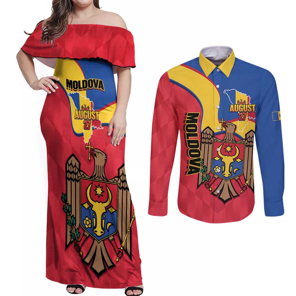 Moldova Independence Day Couples Matching Off Shoulder Maxi Dress and Long Sleeve Button Shirt August 27 One People One Nation - Wonder Print Shop
