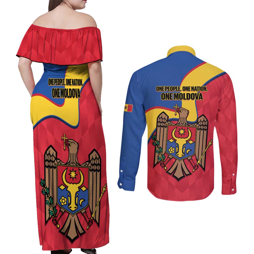 Moldova Independence Day Couples Matching Off Shoulder Maxi Dress and Long Sleeve Button Shirt August 27 One People One Nation - Wonder Print Shop