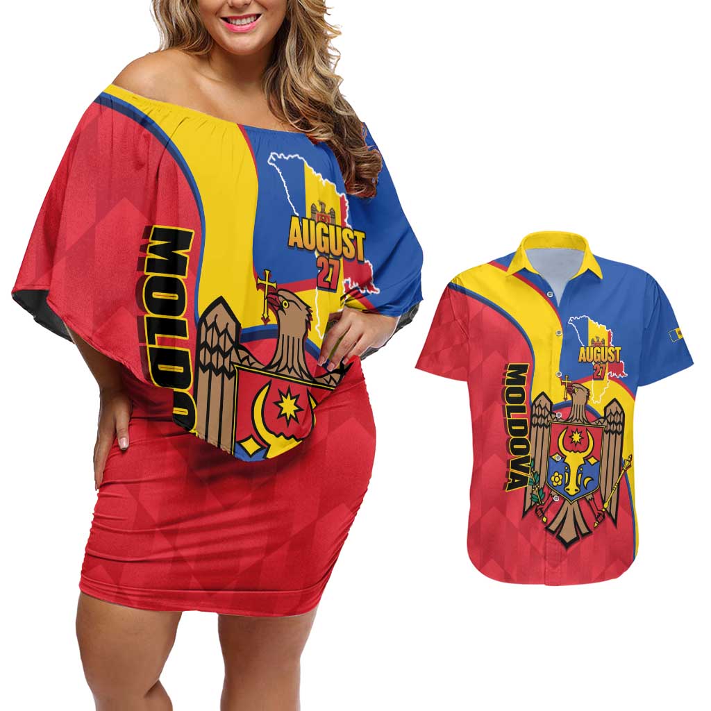 Moldova Independence Day Couples Matching Off Shoulder Short Dress and Hawaiian Shirt August 27 One People One Nation - Wonder Print Shop