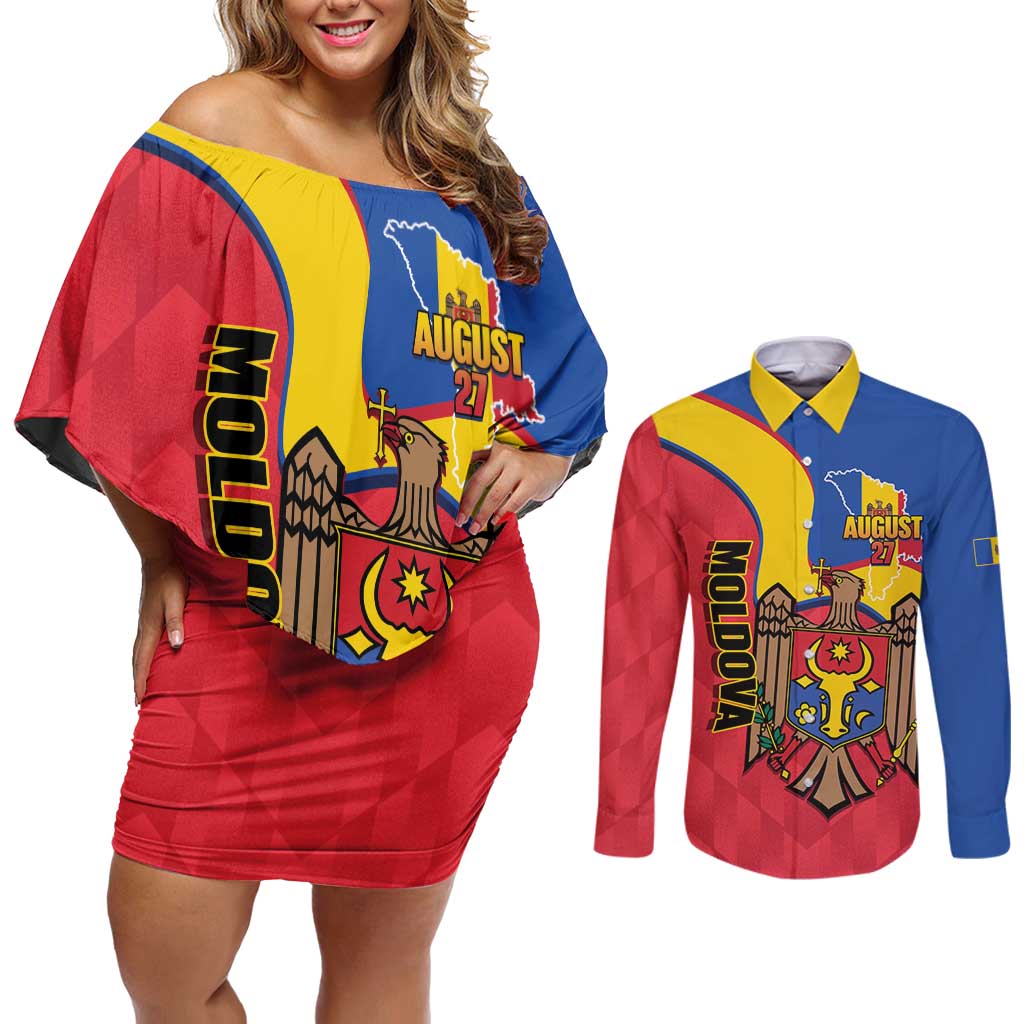 Moldova Independence Day Couples Matching Off Shoulder Short Dress and Long Sleeve Button Shirt August 27 One People One Nation - Wonder Print Shop