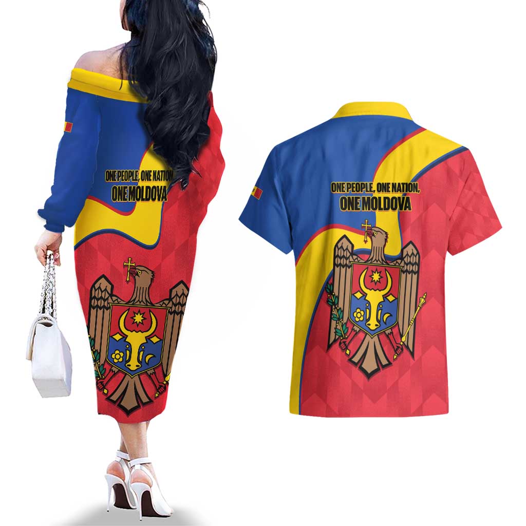 Moldova Independence Day Couples Matching Off The Shoulder Long Sleeve Dress and Hawaiian Shirt August 27 One People One Nation - Wonder Print Shop