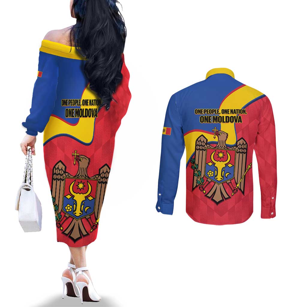 Moldova Independence Day Couples Matching Off The Shoulder Long Sleeve Dress and Long Sleeve Button Shirt August 27 One People One Nation - Wonder Print Shop