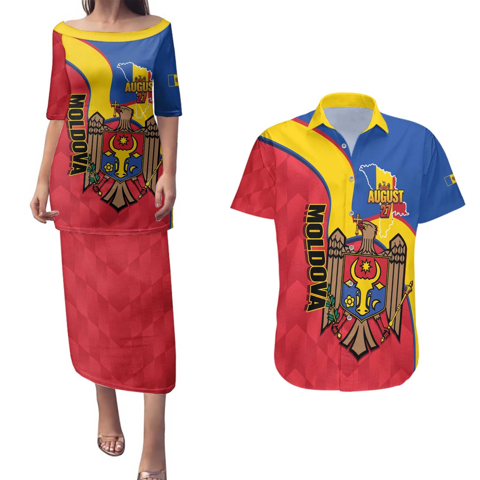 Moldova Independence Day Couples Matching Puletasi and Hawaiian Shirt August 27 One People One Nation - Wonder Print Shop