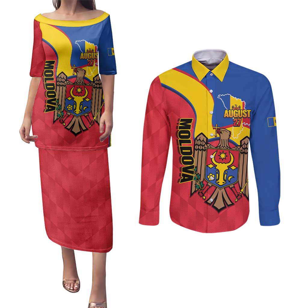 Moldova Independence Day Couples Matching Puletasi and Long Sleeve Button Shirt August 27 One People One Nation - Wonder Print Shop