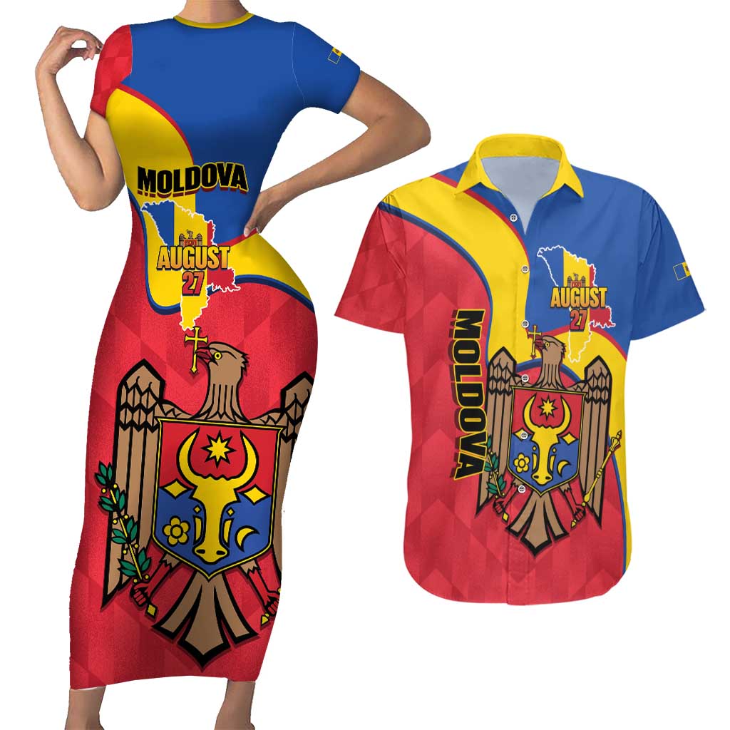 Moldova Independence Day Couples Matching Short Sleeve Bodycon Dress and Hawaiian Shirt August 27 One People One Nation - Wonder Print Shop