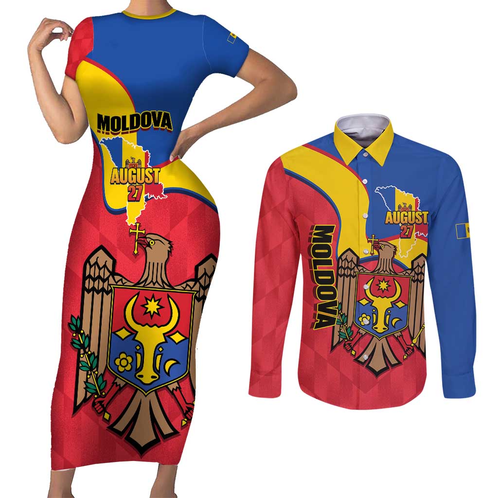 Moldova Independence Day Couples Matching Short Sleeve Bodycon Dress and Long Sleeve Button Shirt August 27 One People One Nation - Wonder Print Shop