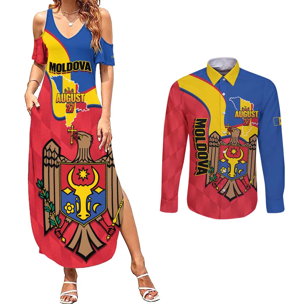 Moldova Independence Day Couples Matching Summer Maxi Dress and Long Sleeve Button Shirt August 27 One People One Nation - Wonder Print Shop