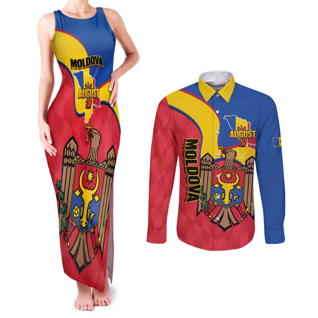 Moldova Independence Day Couples Matching Tank Maxi Dress and Long Sleeve Button Shirt August 27 One People One Nation - Wonder Print Shop