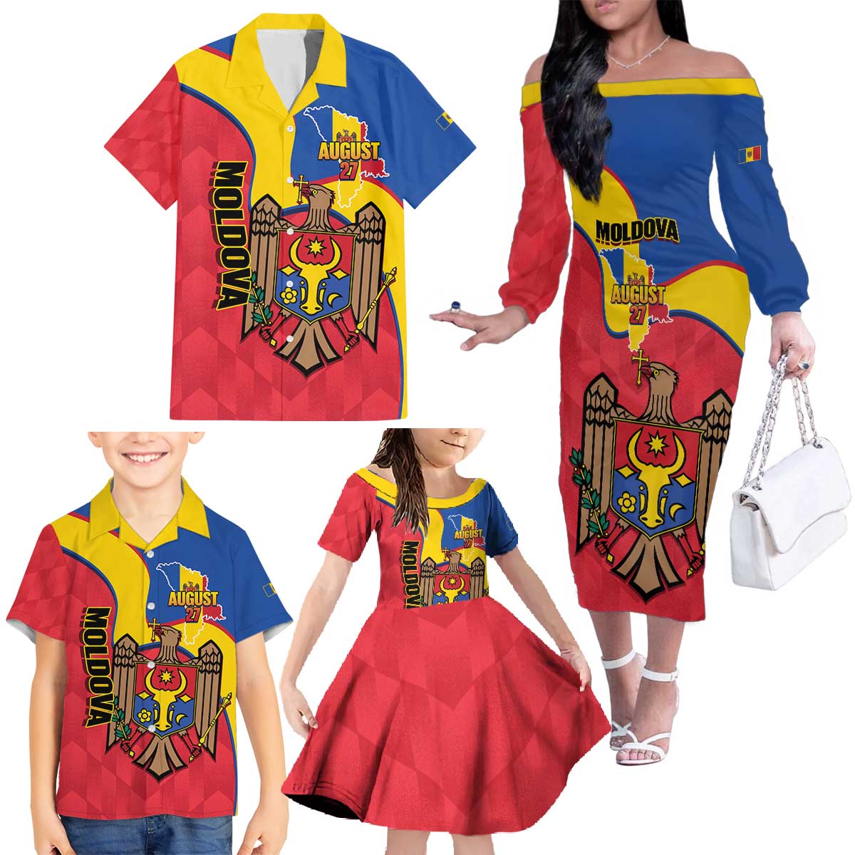 Moldova Independence Day Family Matching Off The Shoulder Long Sleeve Dress and Hawaiian Shirt August 27 One People One Nation - Wonder Print Shop