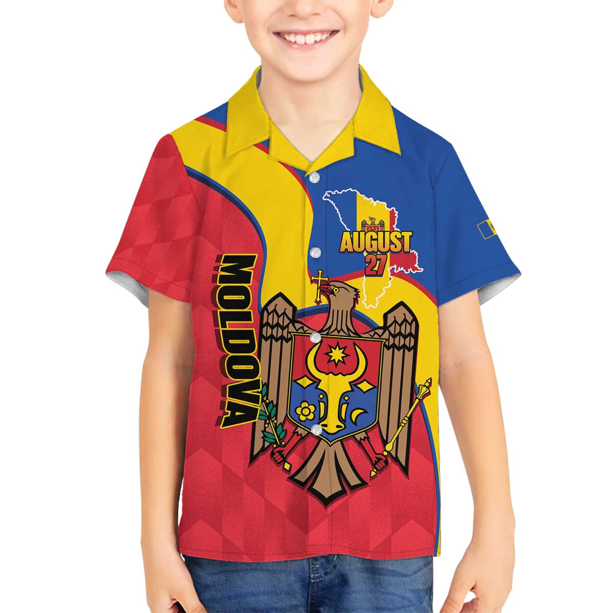 Moldova Independence Day Family Matching Off The Shoulder Long Sleeve Dress and Hawaiian Shirt August 27 One People One Nation - Wonder Print Shop