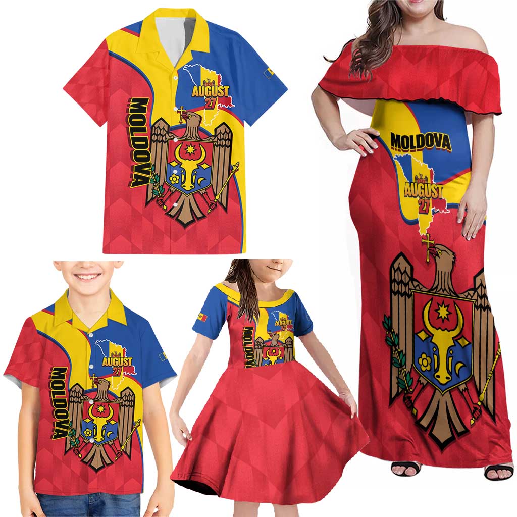 Moldova Independence Day Family Matching Off Shoulder Maxi Dress and Hawaiian Shirt August 27 One People One Nation - Wonder Print Shop