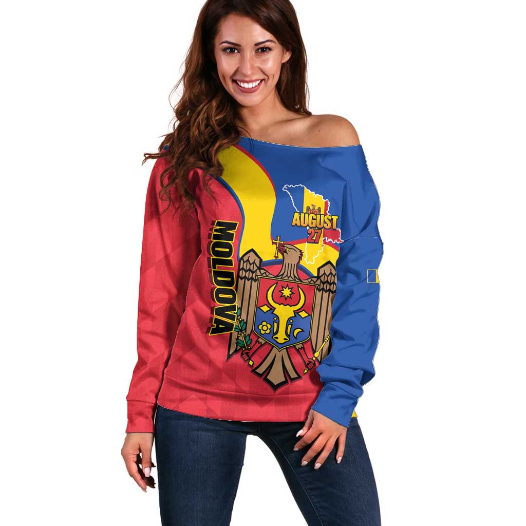 Moldova Independence Day Off Shoulder Sweater August 27 One People One Nation - Wonder Print Shop