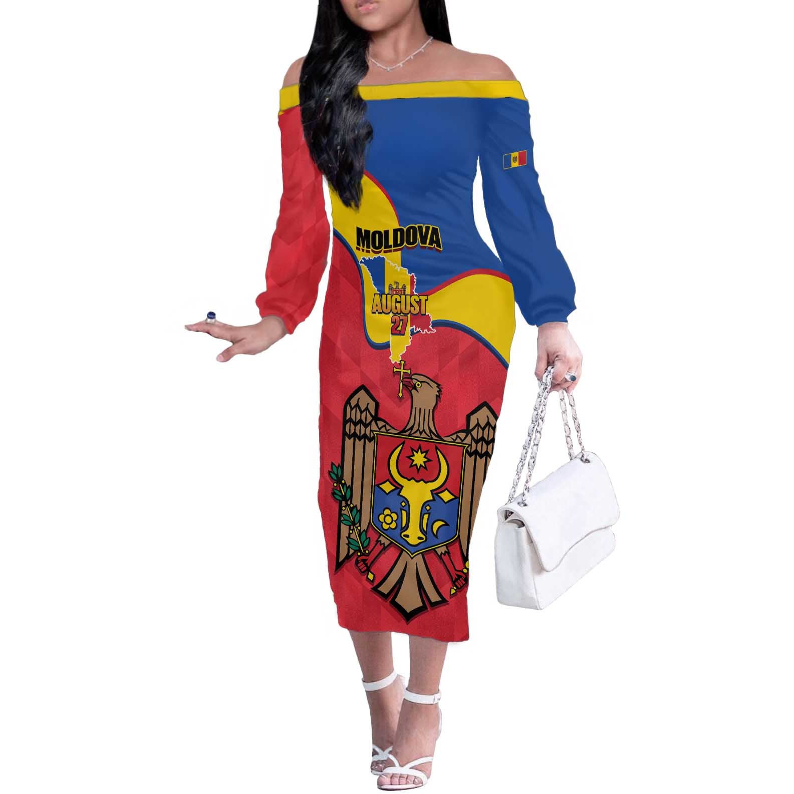 Moldova Independence Day Off The Shoulder Long Sleeve Dress August 27 One People One Nation - Wonder Print Shop
