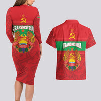 Transnistria Independence Day Couples Matching Long Sleeve Bodycon Dress and Hawaiian Shirt Coat Of Arms Flag Style - Wonder Print Shop