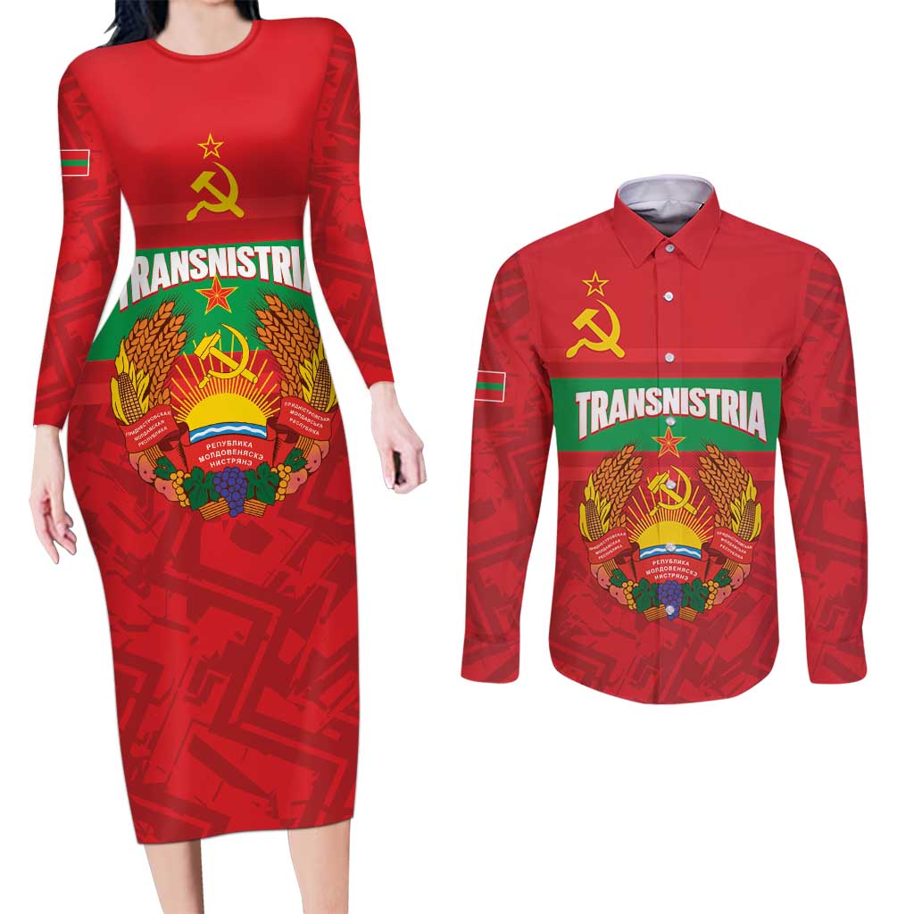 Transnistria Independence Day Couples Matching Long Sleeve Bodycon Dress and Long Sleeve Button Shirt Coat Of Arms Flag Style - Wonder Print Shop