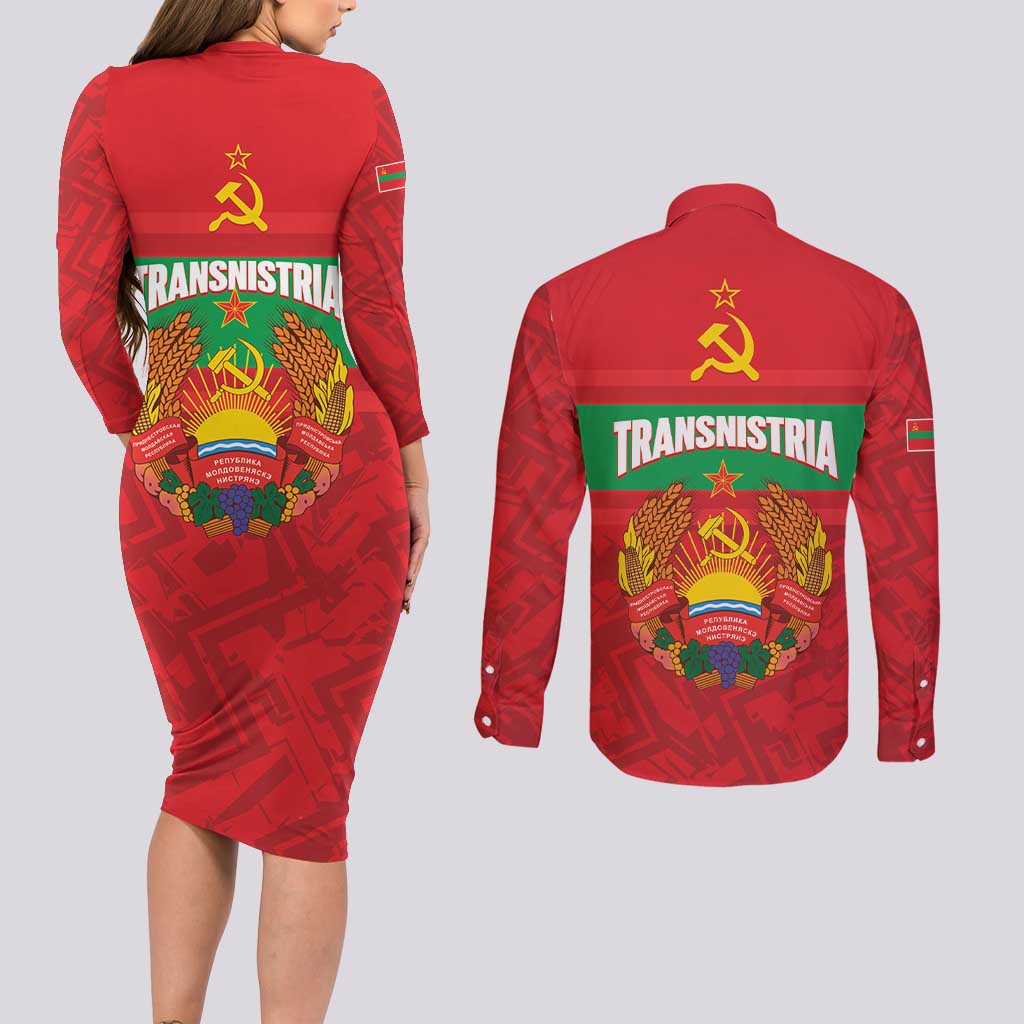 Transnistria Independence Day Couples Matching Long Sleeve Bodycon Dress and Long Sleeve Button Shirt Coat Of Arms Flag Style - Wonder Print Shop