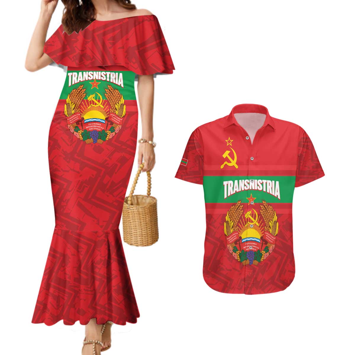 Transnistria Independence Day Couples Matching Mermaid Dress and Hawaiian Shirt Coat Of Arms Flag Style - Wonder Print Shop