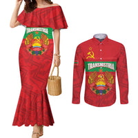 Transnistria Independence Day Couples Matching Mermaid Dress and Long Sleeve Button Shirt Coat Of Arms Flag Style - Wonder Print Shop