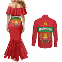 Transnistria Independence Day Couples Matching Mermaid Dress and Long Sleeve Button Shirt Coat Of Arms Flag Style - Wonder Print Shop