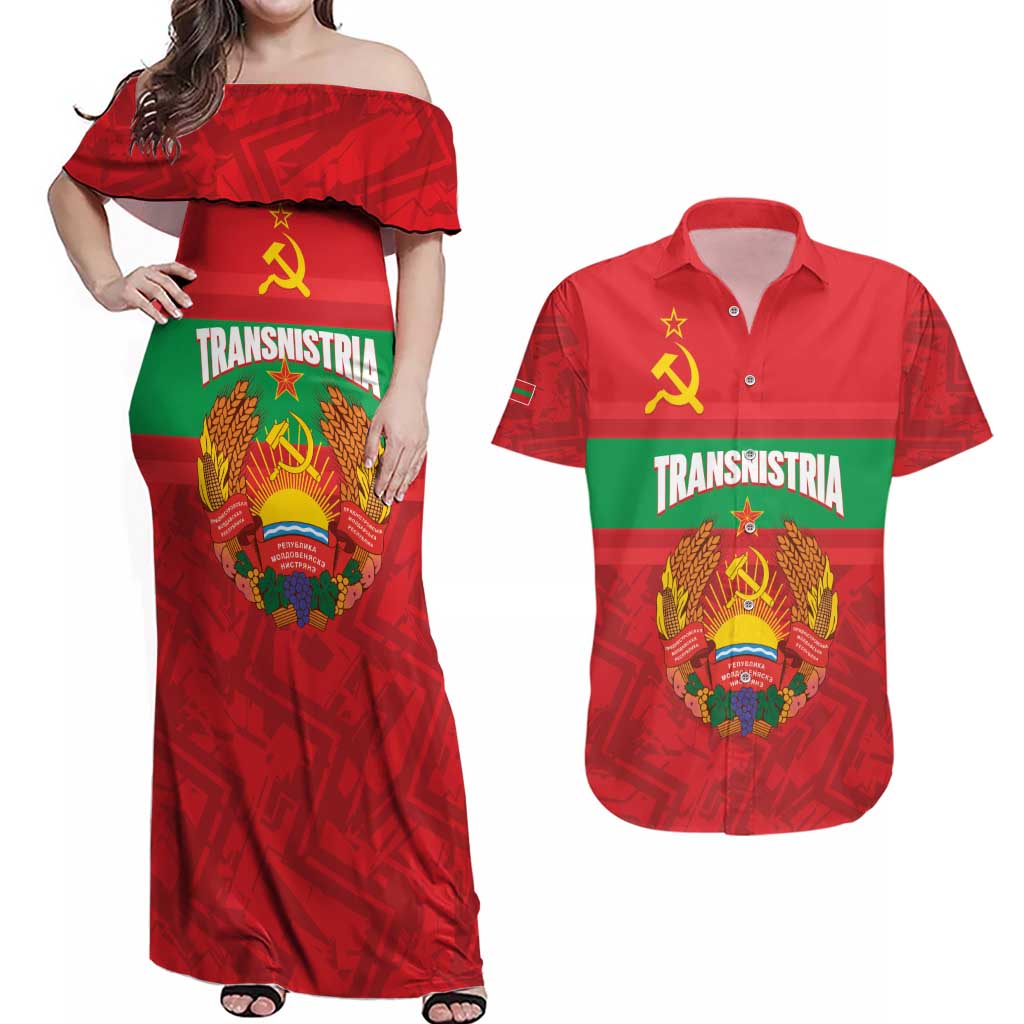 Transnistria Independence Day Couples Matching Off Shoulder Maxi Dress and Hawaiian Shirt Coat Of Arms Flag Style - Wonder Print Shop