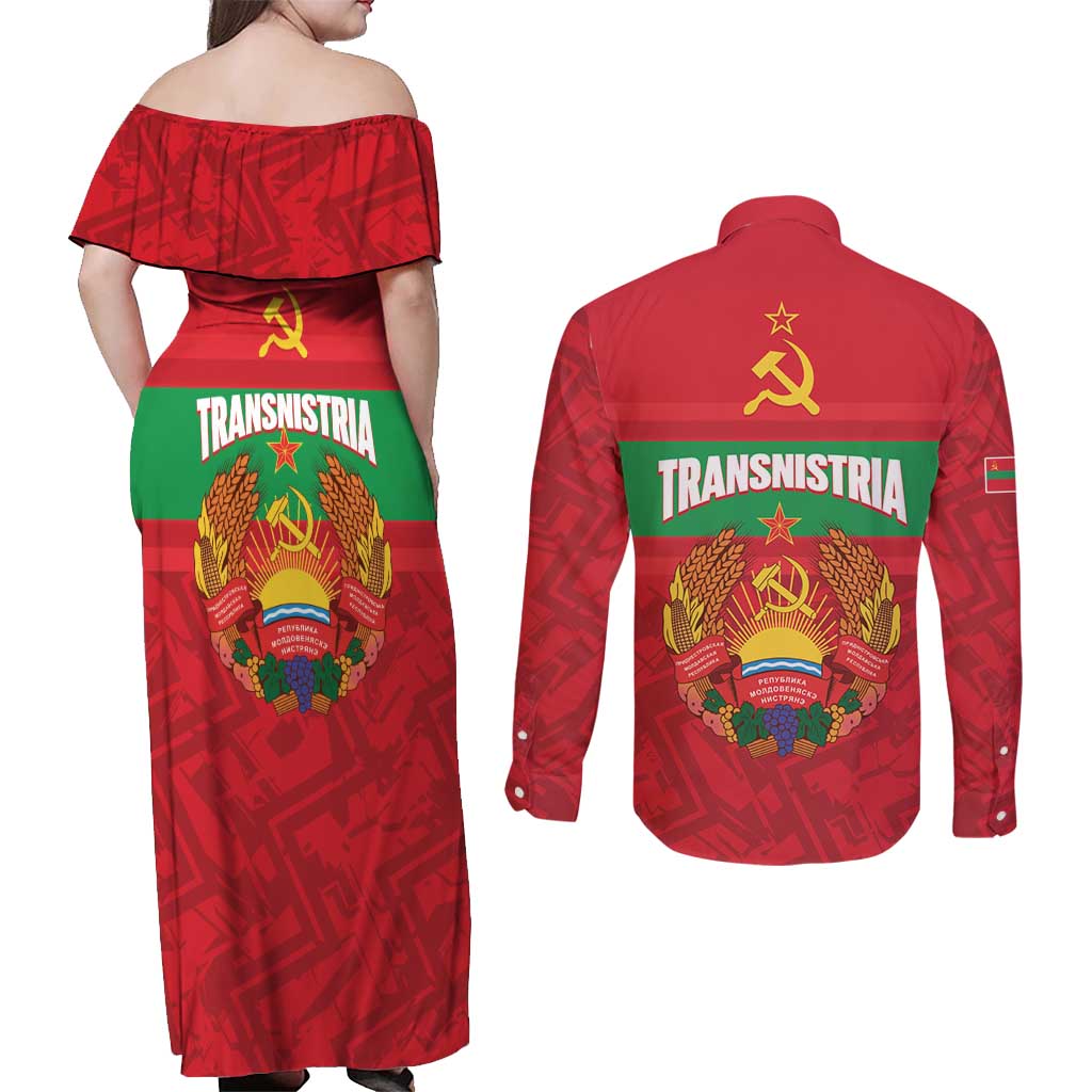 Transnistria Independence Day Couples Matching Off Shoulder Maxi Dress and Long Sleeve Button Shirt Coat Of Arms Flag Style - Wonder Print Shop