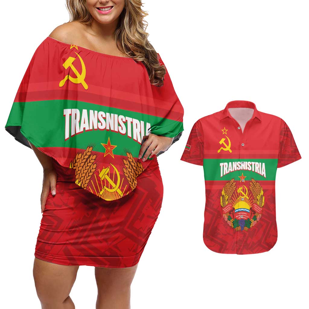 Transnistria Independence Day Couples Matching Off Shoulder Short Dress and Hawaiian Shirt Coat Of Arms Flag Style - Wonder Print Shop