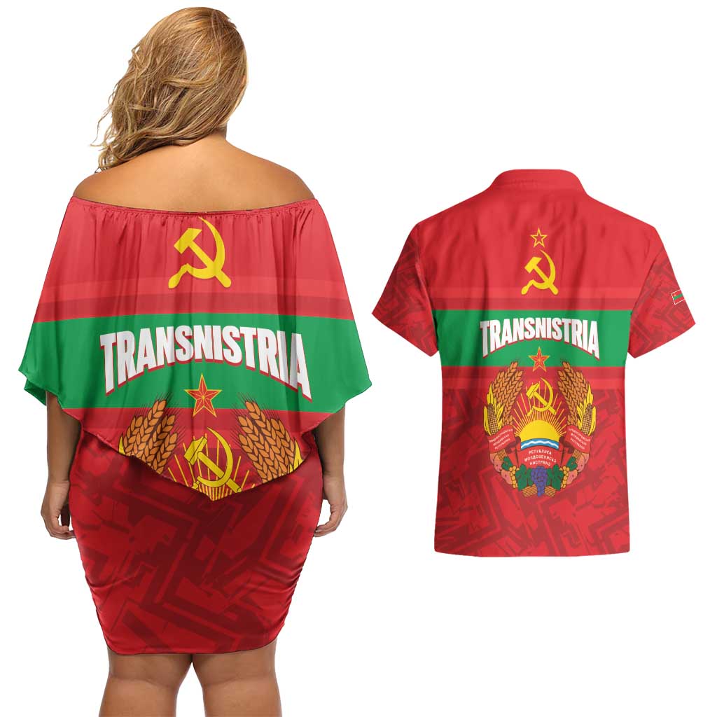 Transnistria Independence Day Couples Matching Off Shoulder Short Dress and Hawaiian Shirt Coat Of Arms Flag Style - Wonder Print Shop