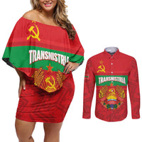 Transnistria Independence Day Couples Matching Off Shoulder Short Dress and Long Sleeve Button Shirt Coat Of Arms Flag Style - Wonder Print Shop