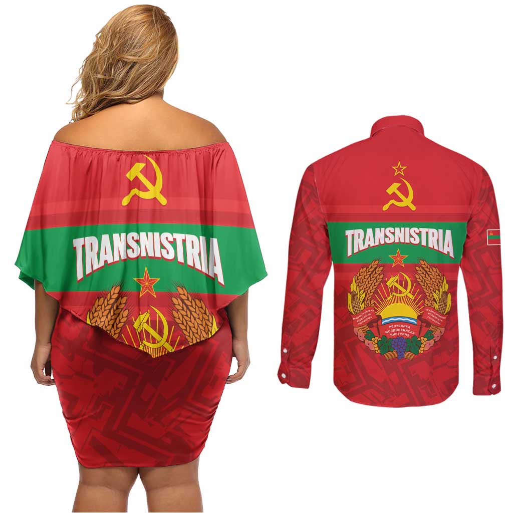 Transnistria Independence Day Couples Matching Off Shoulder Short Dress and Long Sleeve Button Shirt Coat Of Arms Flag Style - Wonder Print Shop
