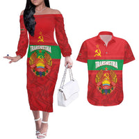 Transnistria Independence Day Couples Matching Off The Shoulder Long Sleeve Dress and Hawaiian Shirt Coat Of Arms Flag Style - Wonder Print Shop