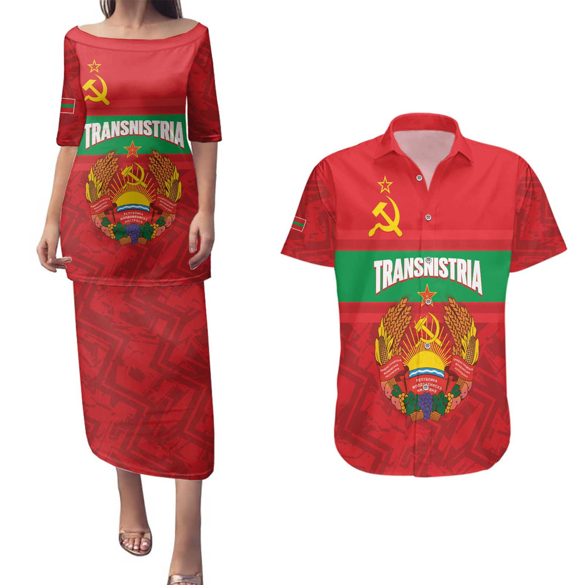 Transnistria Independence Day Couples Matching Puletasi and Hawaiian Shirt Coat Of Arms Flag Style - Wonder Print Shop
