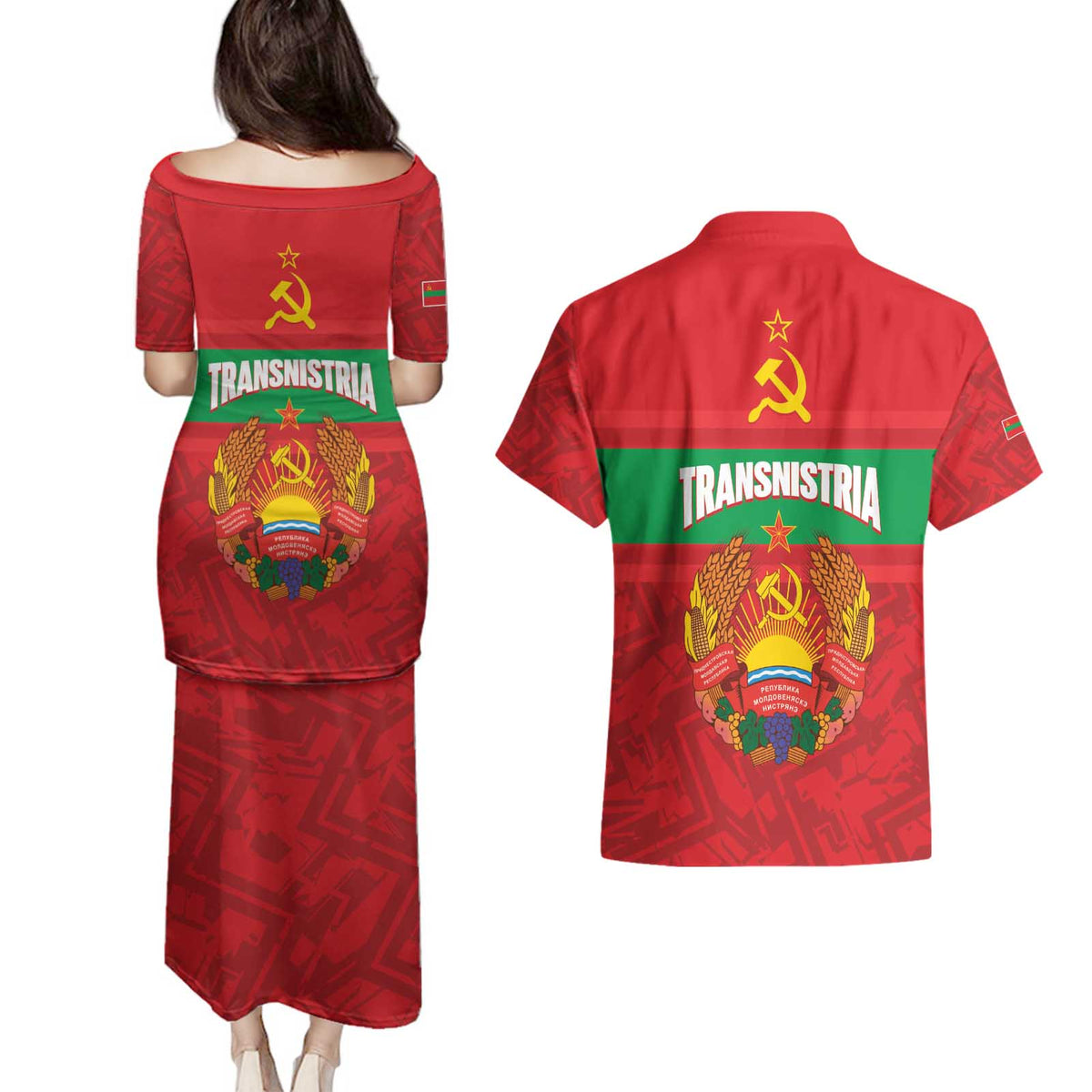 Transnistria Independence Day Couples Matching Puletasi and Hawaiian Shirt Coat Of Arms Flag Style - Wonder Print Shop