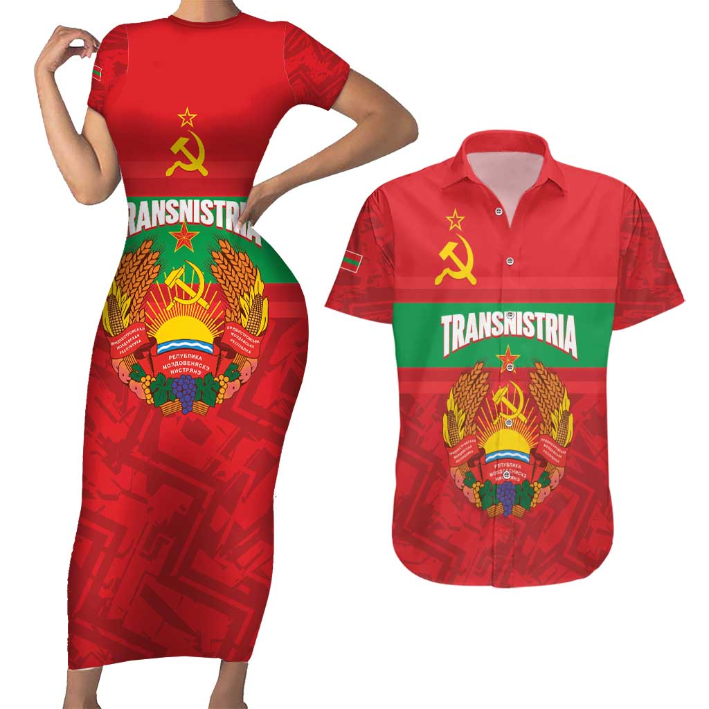 Transnistria Independence Day Couples Matching Short Sleeve Bodycon Dress and Hawaiian Shirt Coat Of Arms Flag Style - Wonder Print Shop